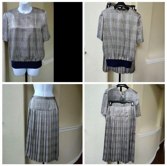 Tahari Vintage 2pc Navy/Tan Pleat Plaid Skirt Set